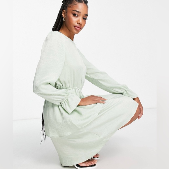 Anthropologie Flounce London Tall satin tiered mini dress in sage green - Picture 5 of 11